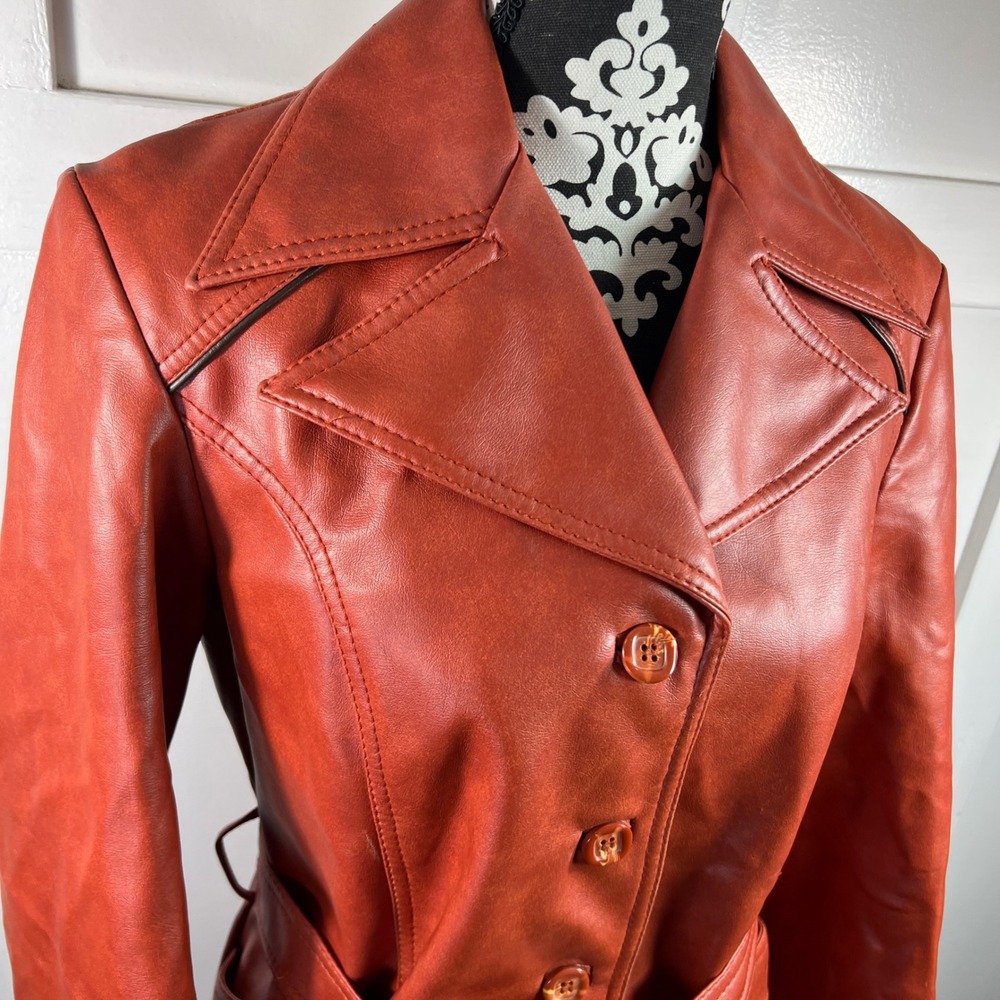 Vintage Kmart Leather Look Ladies Pantcoat Rust Orange Faux Vinyl Jacket 16.5